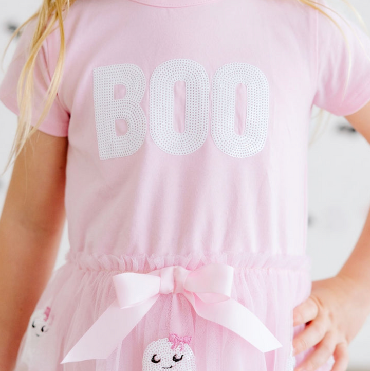 BOO SEQUIN PATCH HALLOWEEN SHORT SLEEVE TUTU DRESS - Sweet Wink