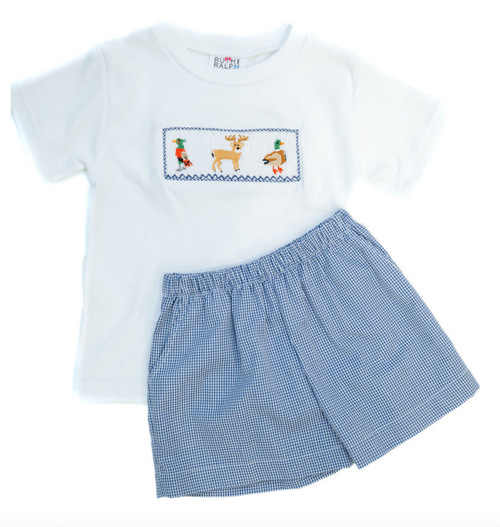 Pheasant, Deer, Duck Smocked Short Set - Ruth & Ralph