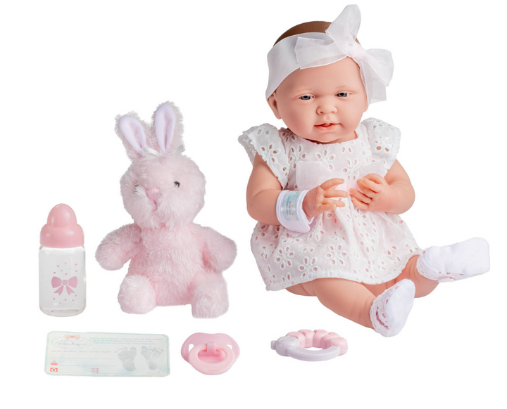 La Newborn 15in Real Girl Baby Doll in White Eyelet Dress