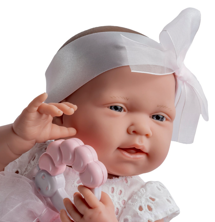 La Newborn 15in Real Girl Baby Doll in White Eyelet Dress