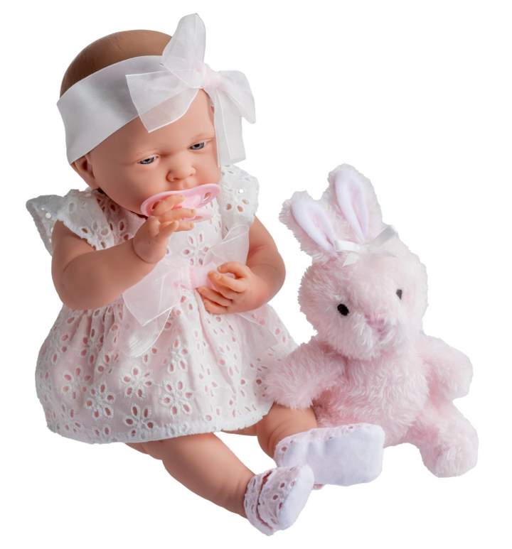 La Newborn 15in Real Girl Baby Doll in White Eyelet Dress
