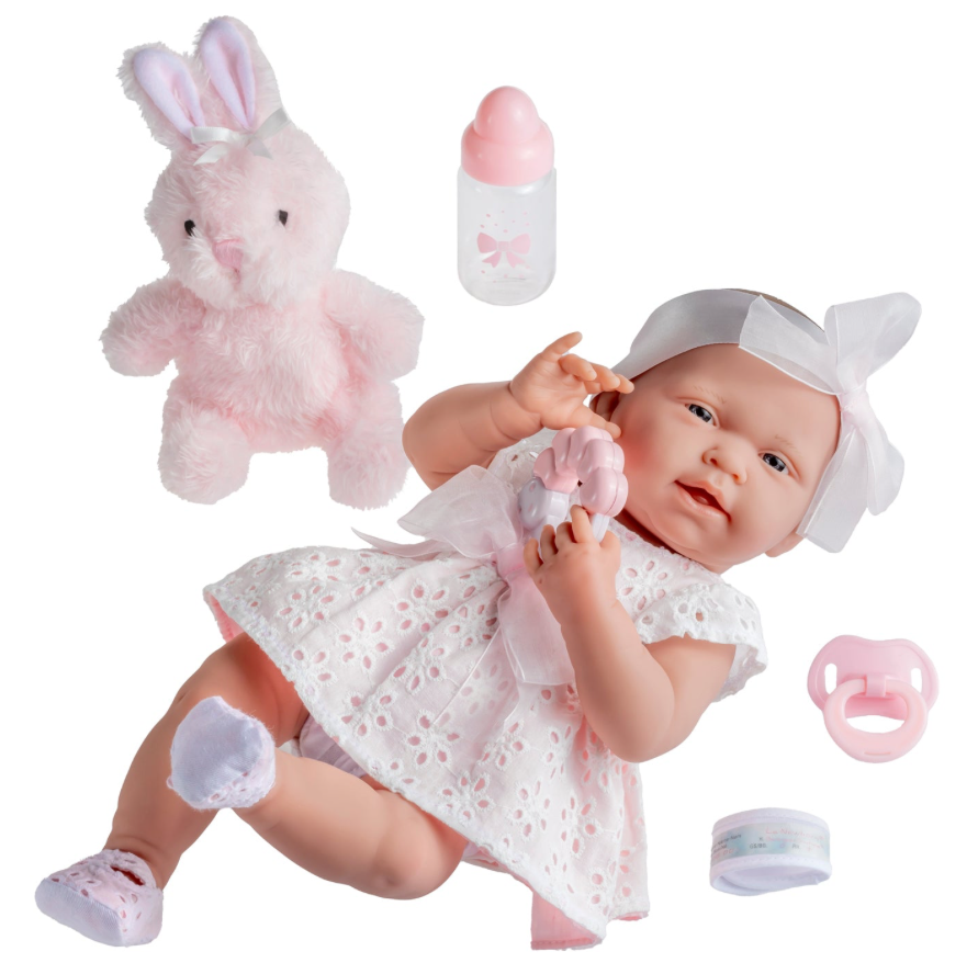 La Newborn 15in Real Girl Baby Doll in White Eyelet Dress