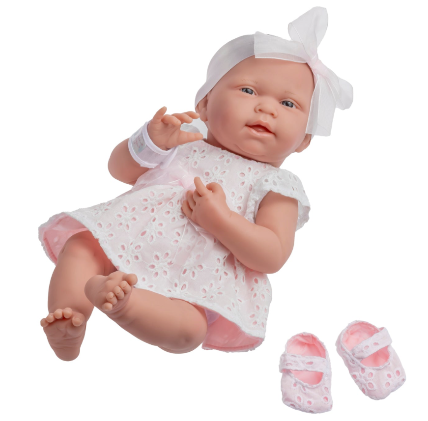 La Newborn 15in Real Girl Baby Doll in White Eyelet Dress