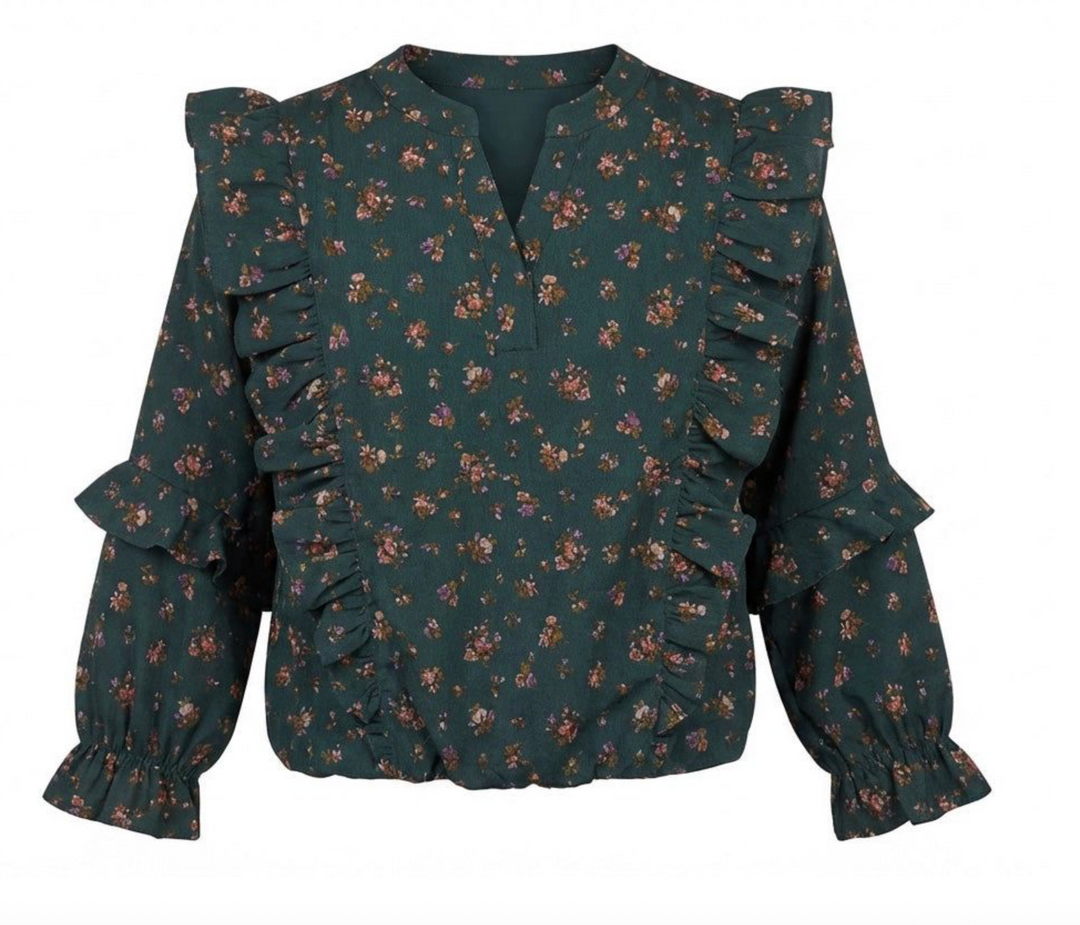 Evergreen Vintage Floral Long Sleeve Blouse - Pleat