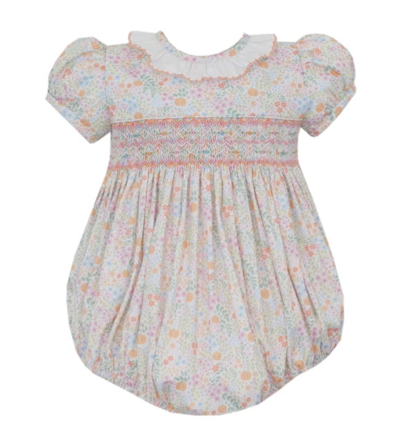 Smocked Pumpkin Print Floral Bubble - Petit Bebe