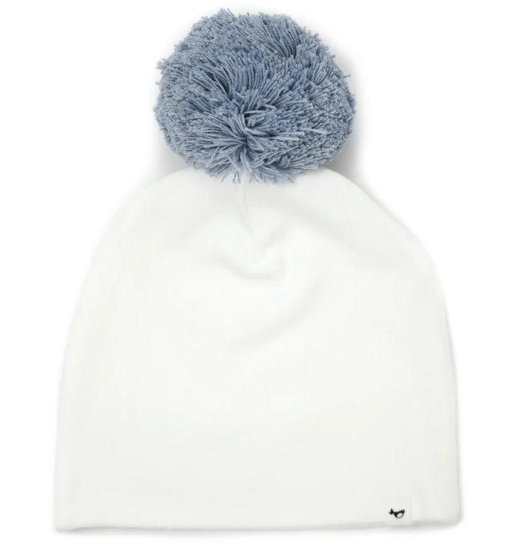 Cream Beanie with Slate Blue Pom 0-6 months