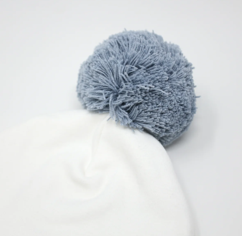 Cream Beanie with Slate Blue Pom 0-6 months