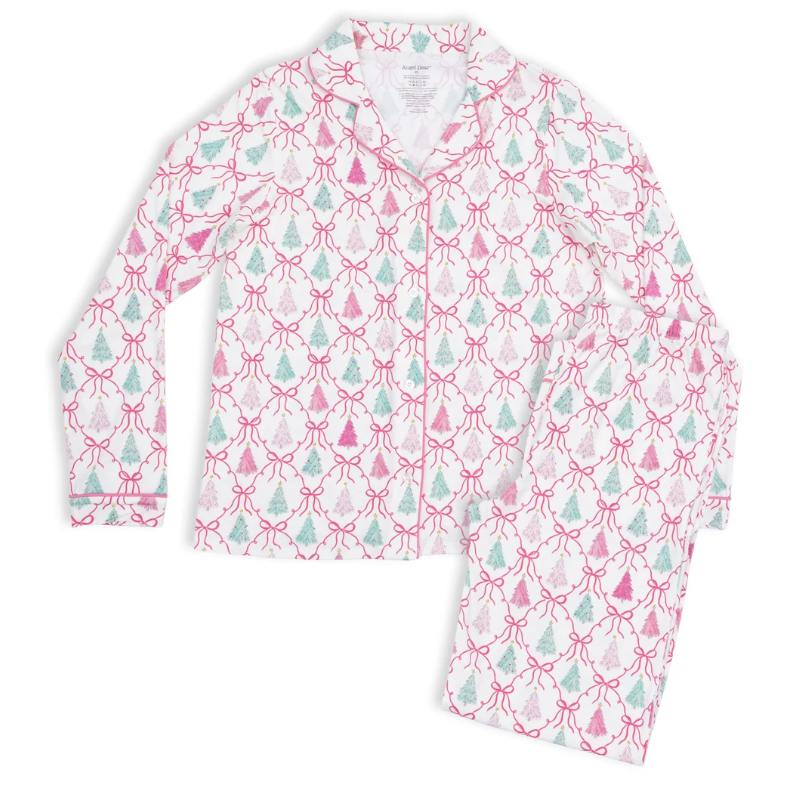 Pink Bow Trellis Christmas Tree Bamboo Adult Pajamas - Angel Dear