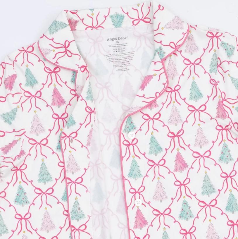 Pink Bow Trellis Christmas Tree Bamboo Adult Pajamas - Angel Dear