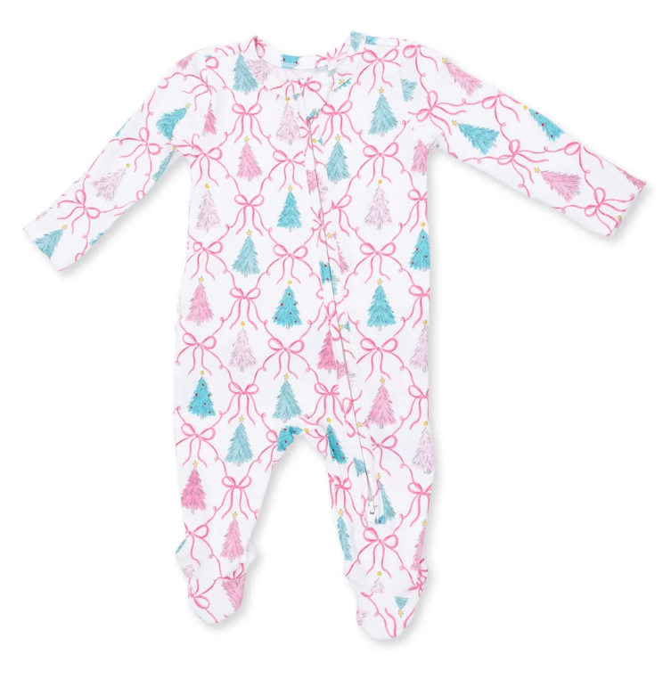 Bow Trellis Christmas Tree Bamboo 2 Way Ruffle Back Zipper Footie - Angel Dear