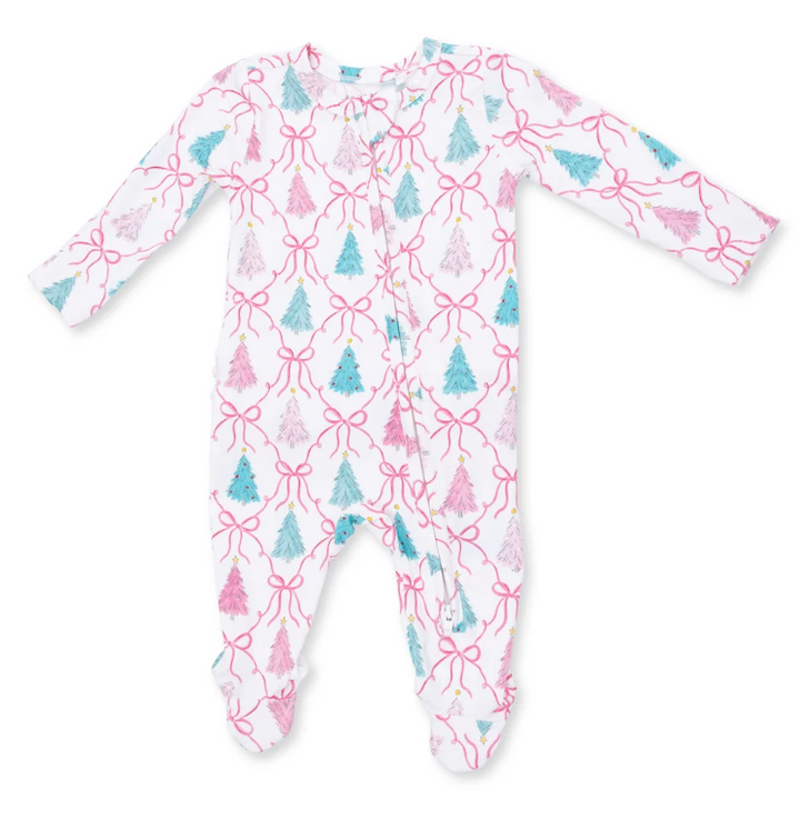 Bow Trellis Christmas Tree Bamboo 2 Way Ruffle Back Zipper Footie - Angel Dear