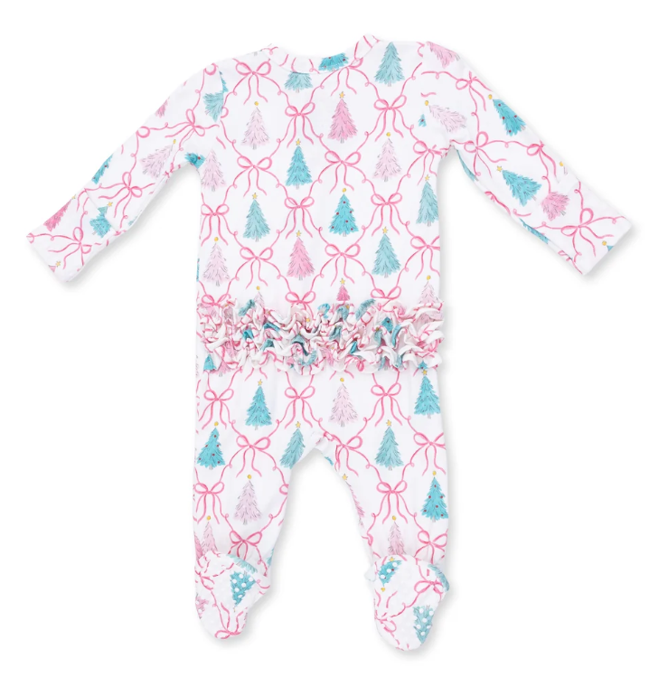 Bow Trellis Christmas Tree Bamboo 2 Way Ruffle Back Zipper Footie - Angel Dear