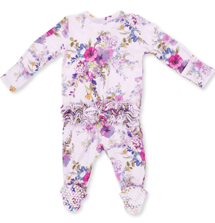 Purple Dahlia Floral 2 Way Ruffle Back Zipper Footie - Angel Dear