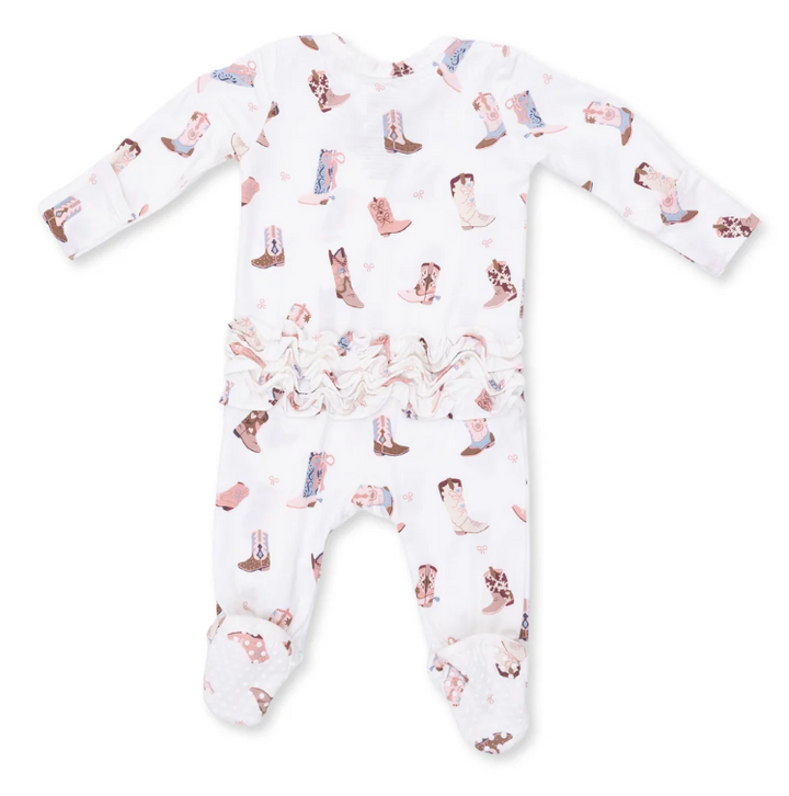 Pink Cowgirl Boots 2 Way Ruffle Back Zipper Footie - Angel Dear