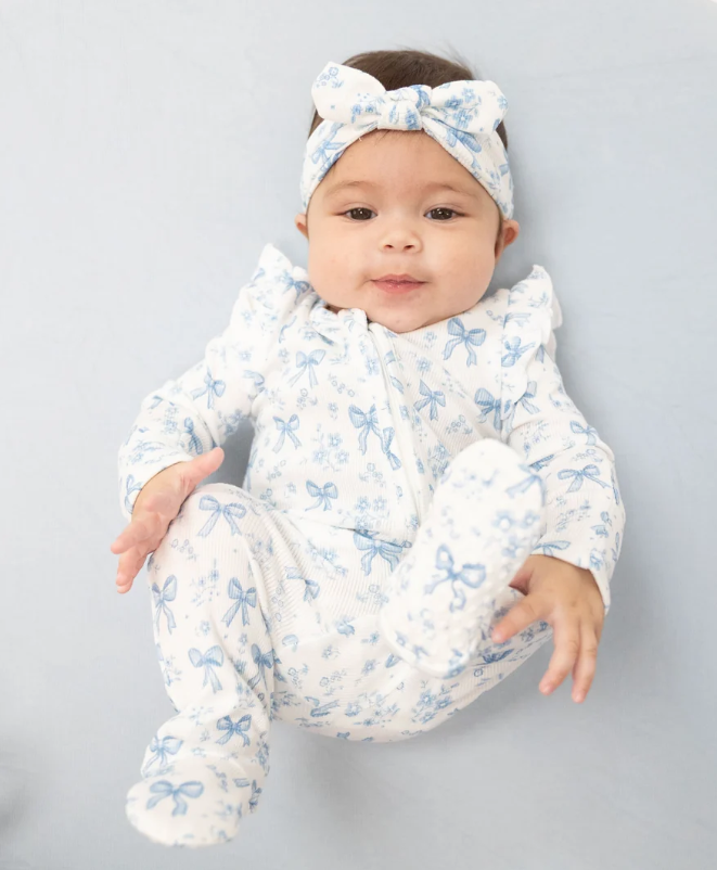 Blue Bows & Flowers 2 Way Ruffle Sleeve Zipper  Footie
