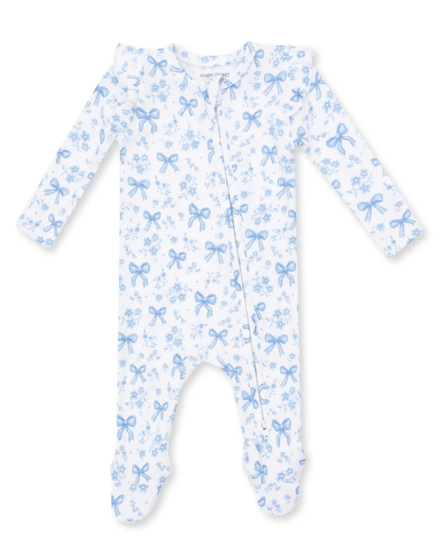 Blue Bows & Flowers 2 Way Ruffle Sleeve Zipper  Footie
