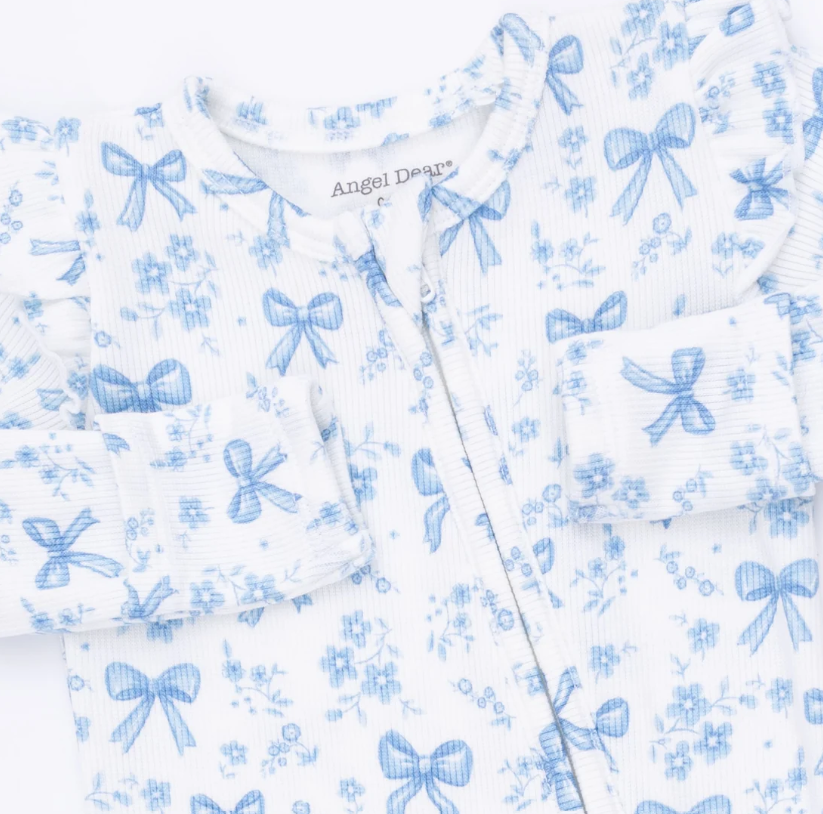 Blue Bows & Flowers 2 Way Ruffle Sleeve Zipper  Footie