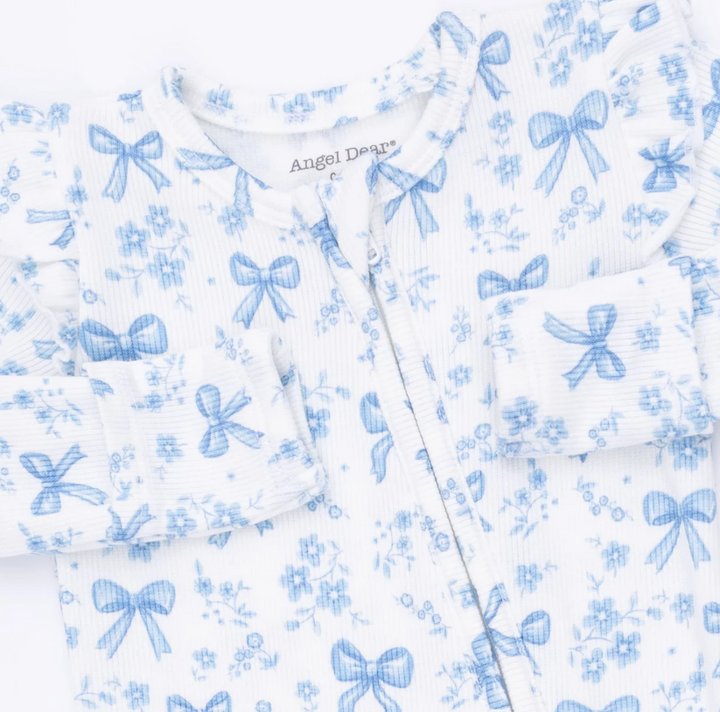 Blue Bows & Flowers 2 Way Ruffle Sleeve Zipper  Footie