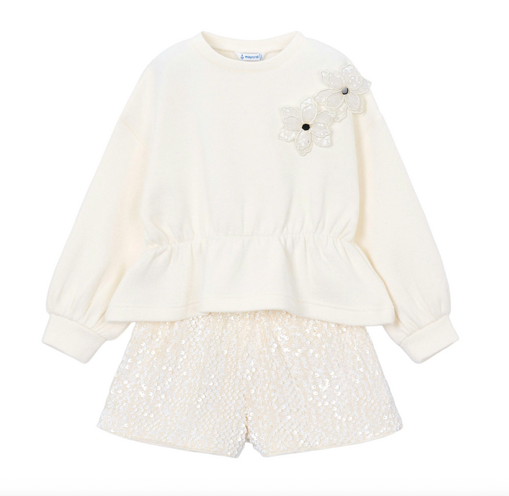 Flower Knit Blouse with Sequin Shorts - Mayoral