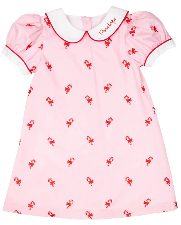 Candy Canes Embroidered Pink Dress - Smockingbird