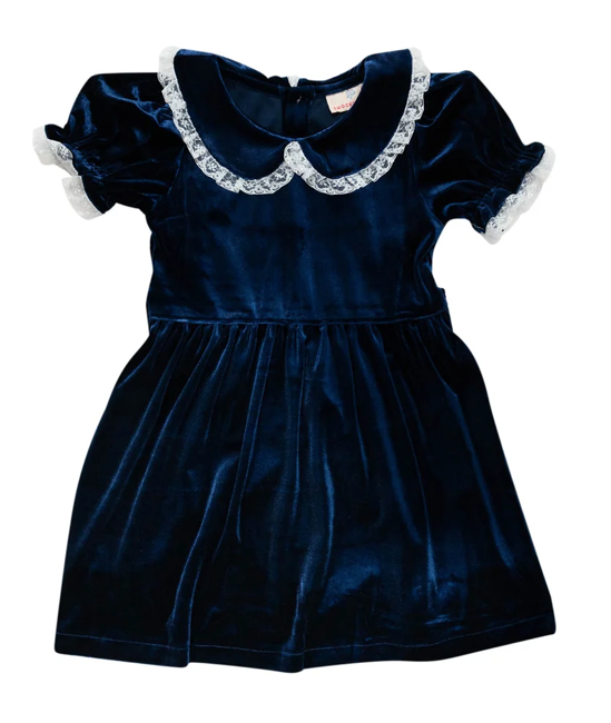 Navy Velvet & Lace Dress - Smockingbird