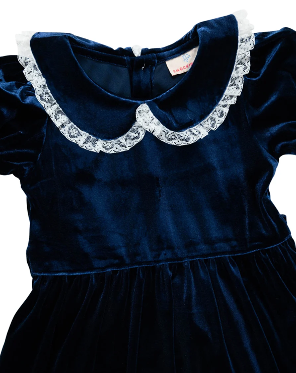 Navy Velvet & Lace Dress - Smockingbird