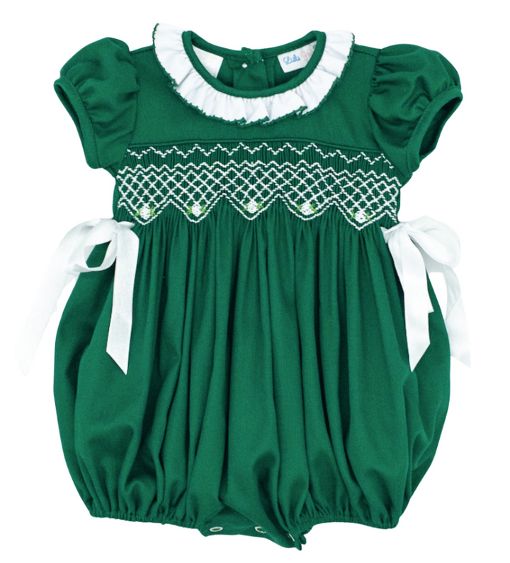 White Side Bows Green Smocked Bubble - Lulu Bebe