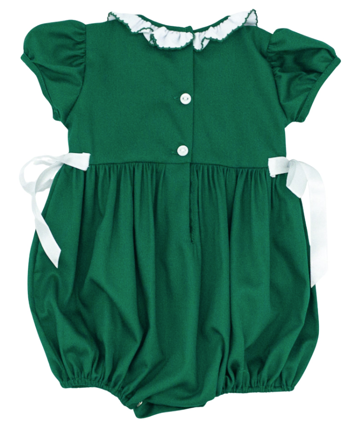 White Side Bows Green Smocked Bubble - Lulu Bebe