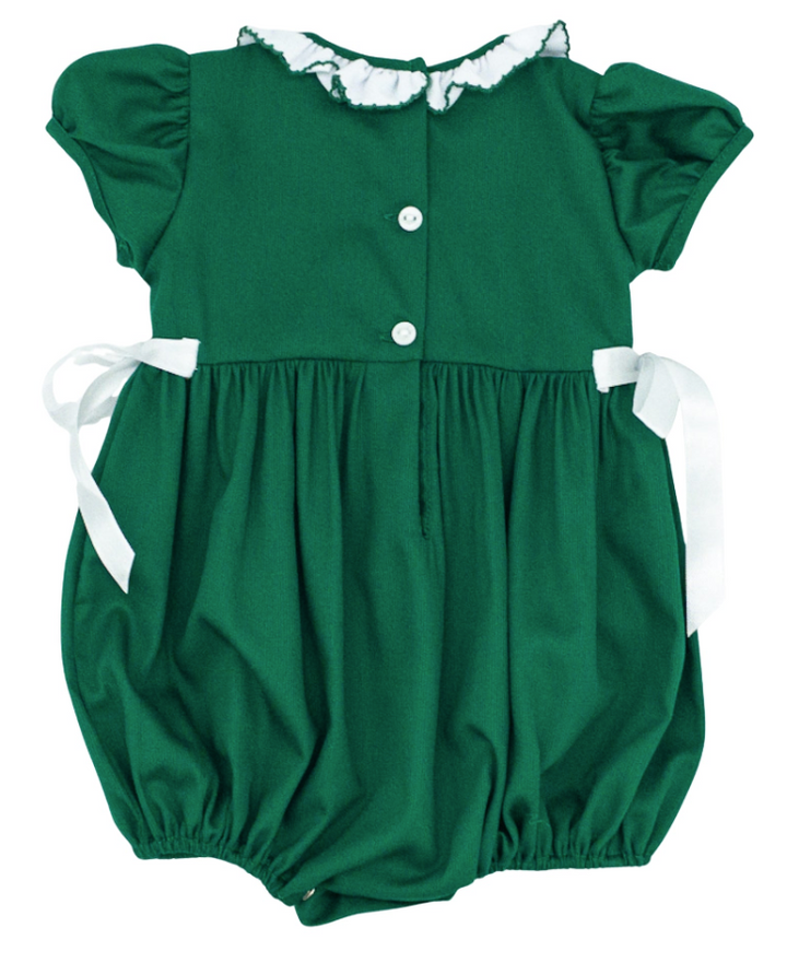 White Side Bows Green Smocked Bubble - Lulu Bebe