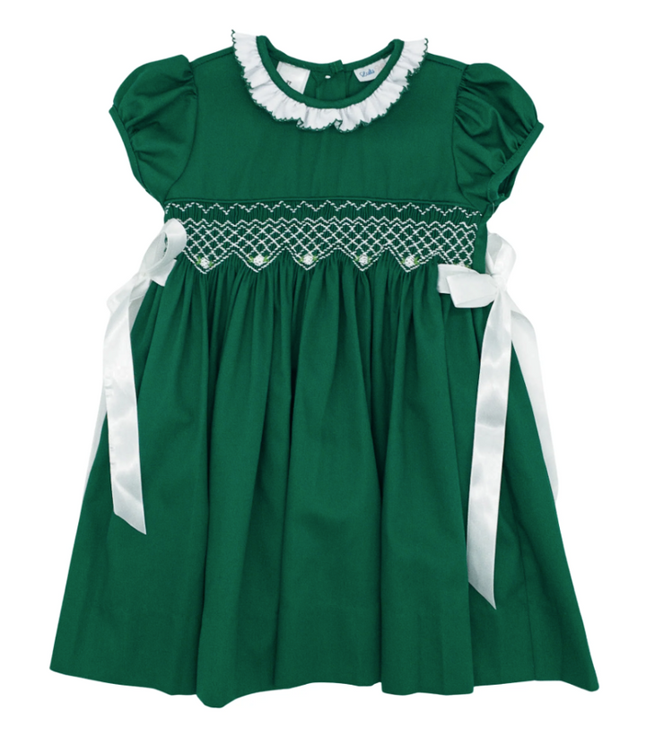 White Side Bows Green Smocked Dress - Lulu Bebe