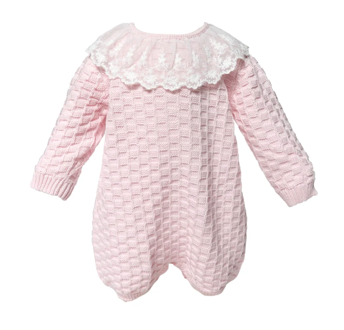 Pink Basketweave Knit Romper with Lace Collar - Cuclie