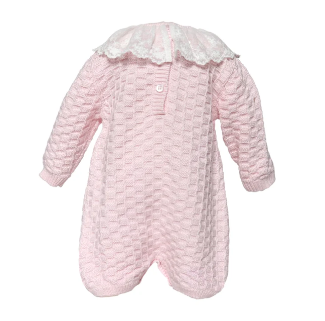 Pink Basketweave Knit Romper with Lace Collar - Cuclie