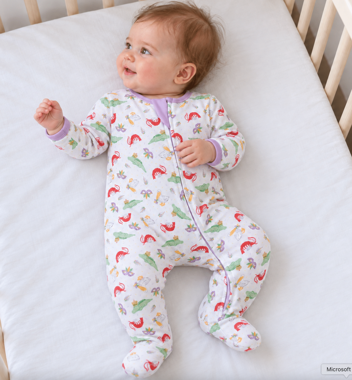 Mardi Gras Bayou Pals Print Zip Footie - Magnolia Baby