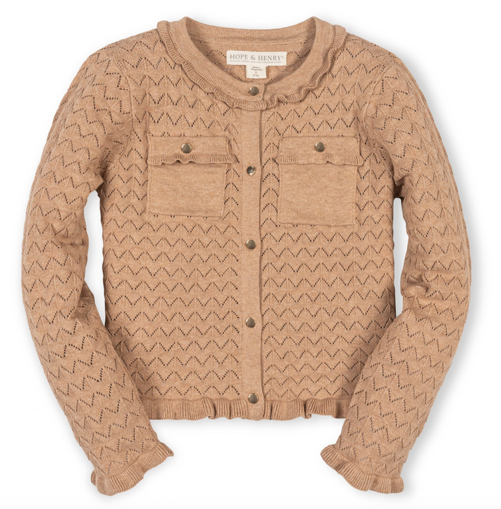 Organic Ruffle Trim Cardigan in Camel - Hope & Henry