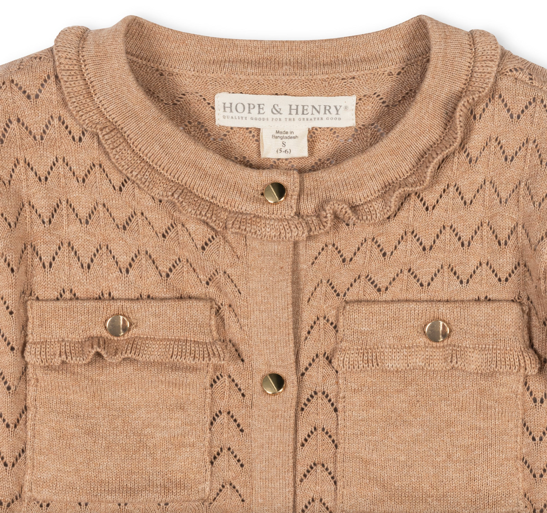 Organic Ruffle Trim Cardigan in Camel - Hope & Henry
