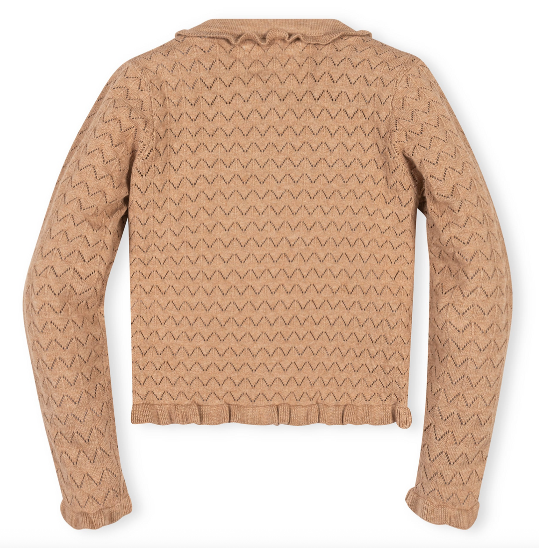 Organic Ruffle Trim Cardigan in Camel - Hope & Henry
