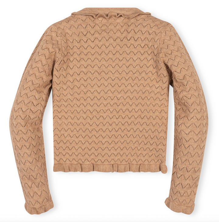 Organic Ruffle Trim Cardigan in Camel - Hope & Henry