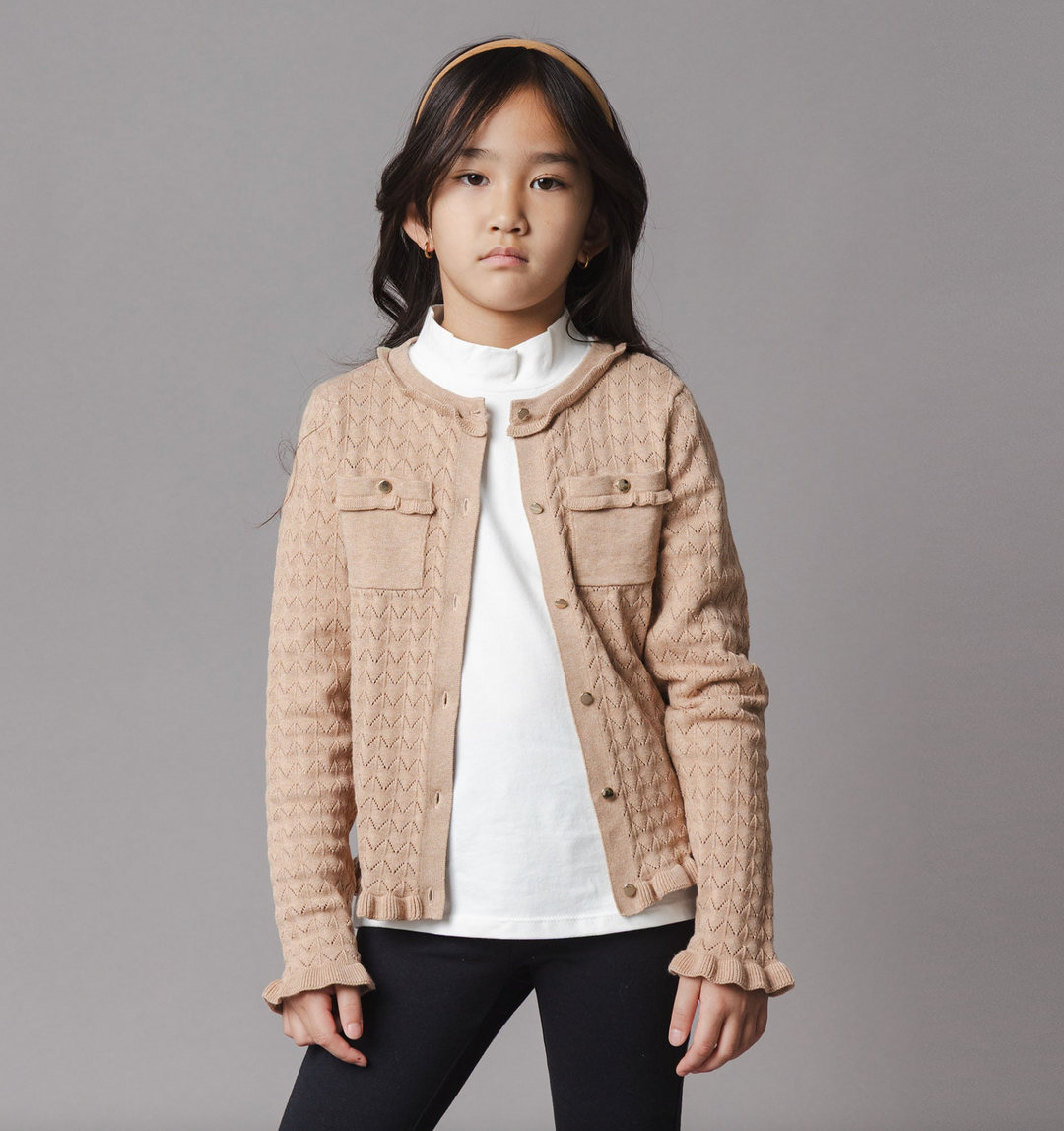 Organic Ruffle Trim Cardigan in Camel - Hope & Henry