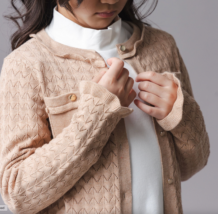 Organic Ruffle Trim Cardigan in Camel - Hope & Henry