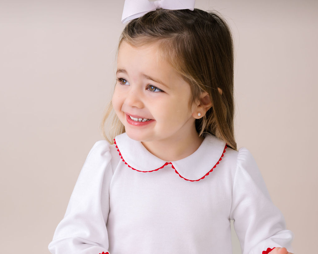 Lullaby Set White Pima Cotton Long Sleeve Shirt w/ Red Trim