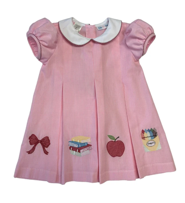 School Embroidered Pink Pintuck Dress - Lulu Bebe