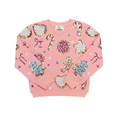 Pink sweatshirt with sequin Christmas cookies, Christmas trees and sequin candy cane.
