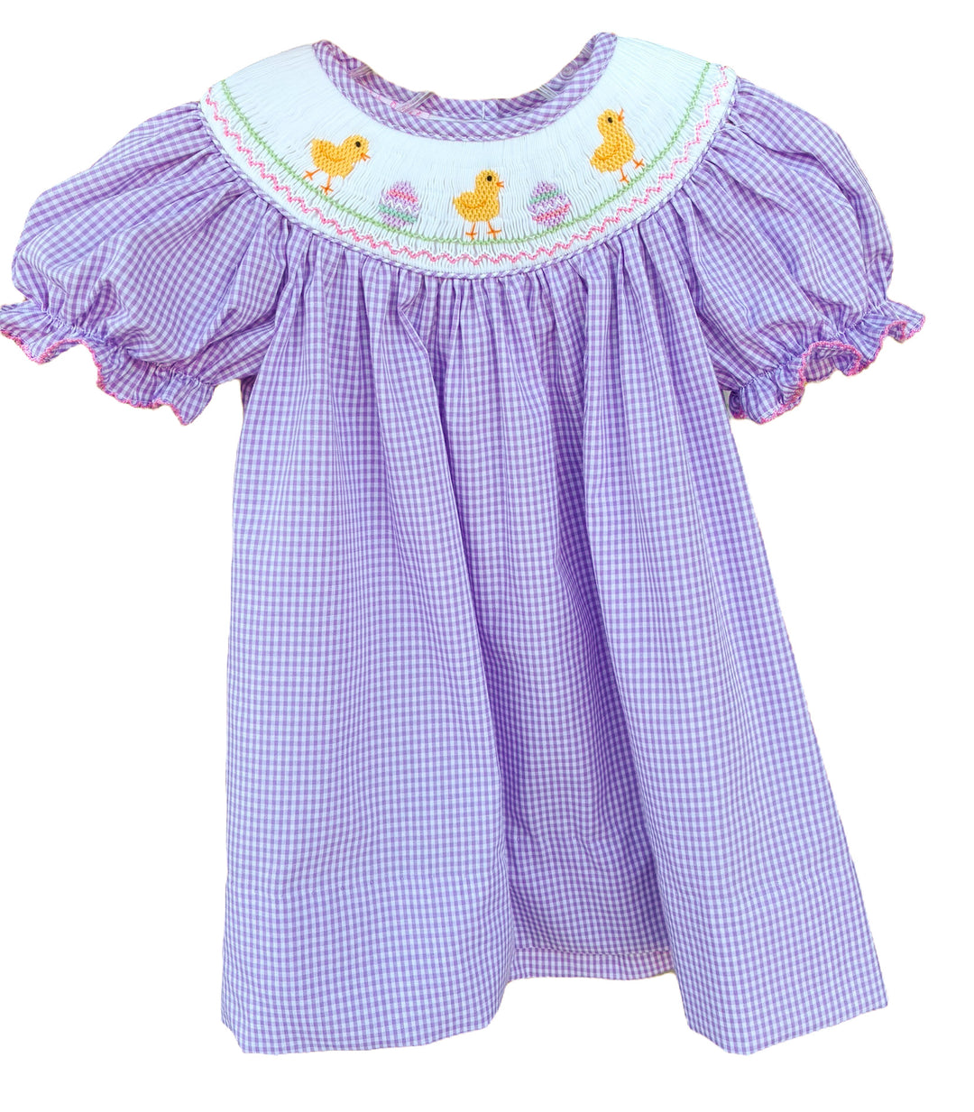 Purple checkered dress with embroidered neckline on a white background