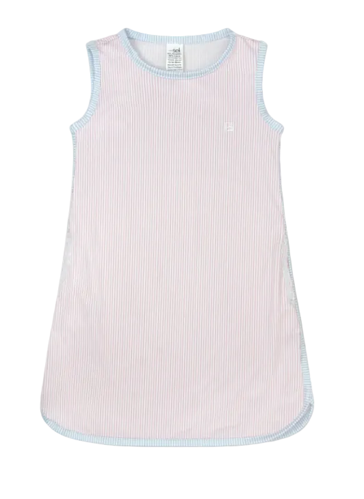 Pink and blue striped sleeveless top on a light gray background