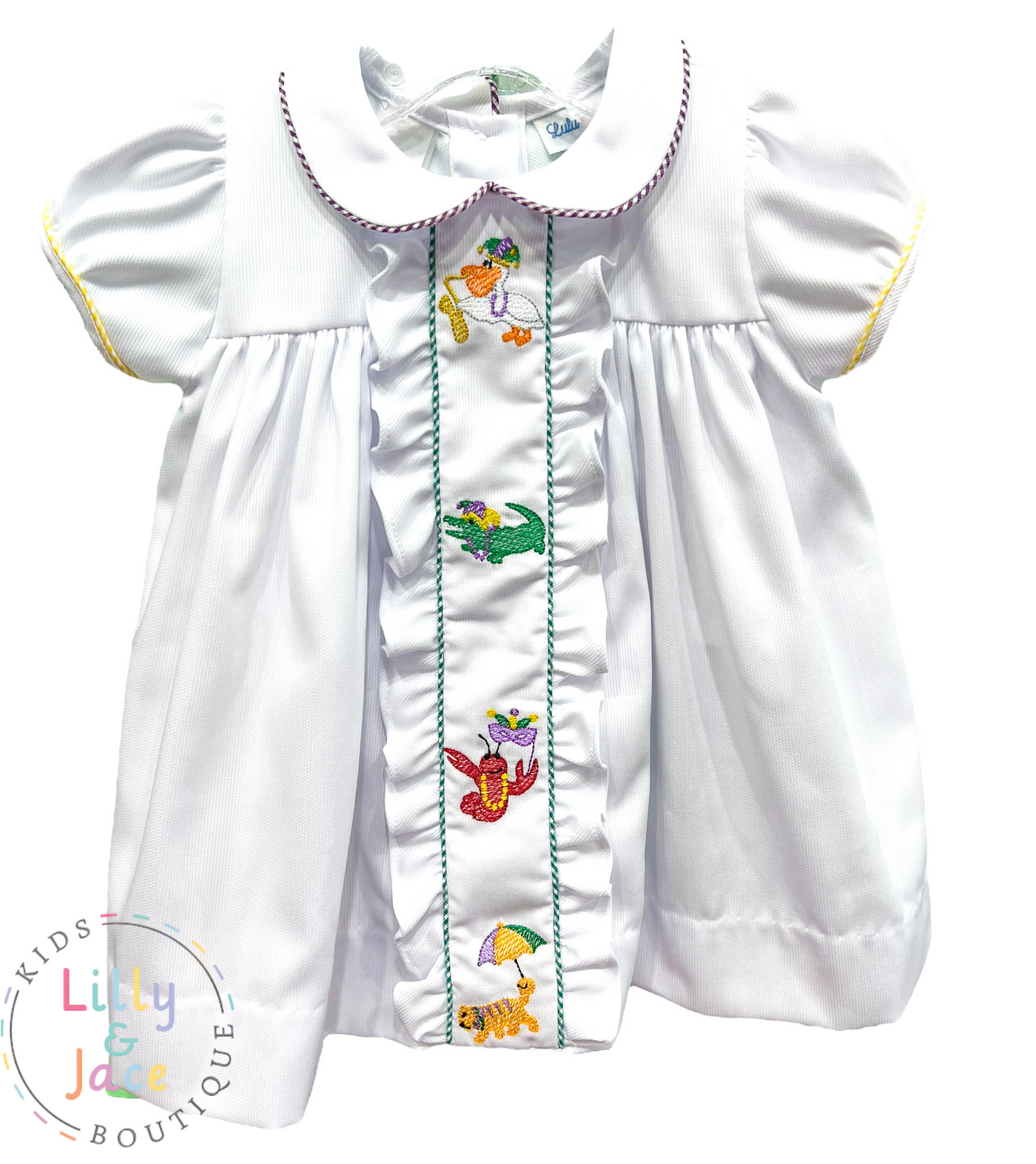 Embroidered Mardi Gras Animals Dress - Lulu Bebe