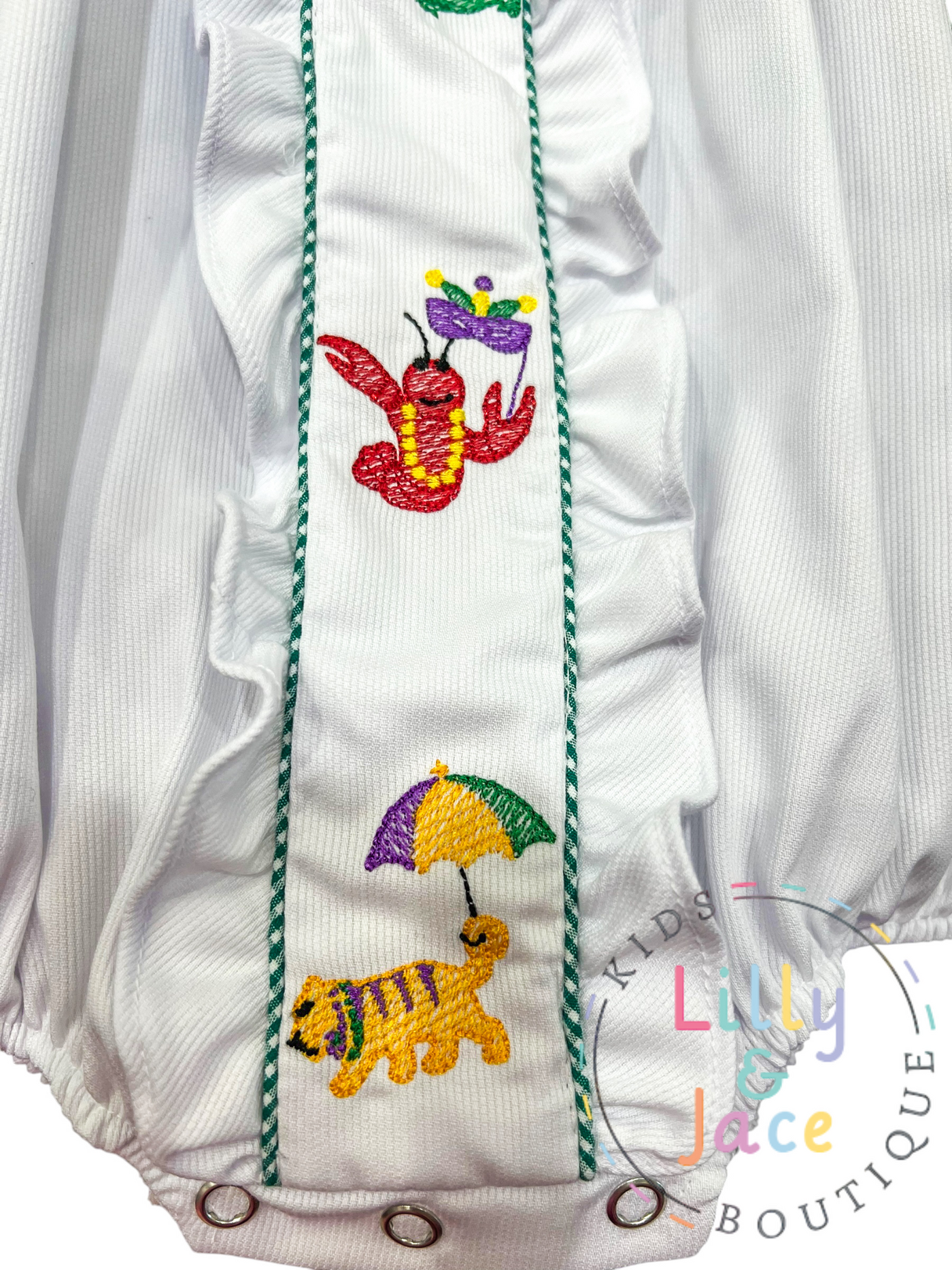 Girls Mardi Gras Embroidered Animals Bubble - Lulu Bebe