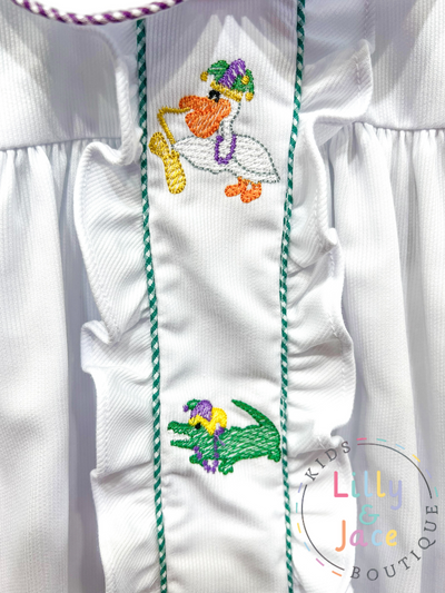 Girls Mardi Gras Embroidered Animals Bubble - Lulu Bebe