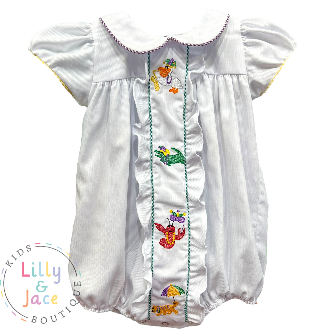 Girls Mardi Gras Embroidered Animals Bubble - Lulu Bebe