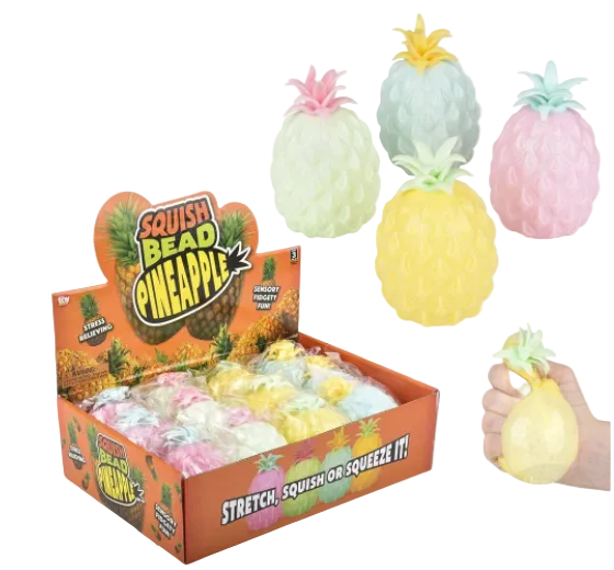 Squish bead pineapples with packaging and a hand holding one