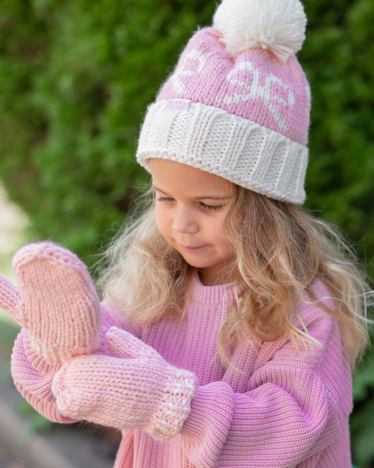 Pink Bows Knit Hat & Mittens - Bits & Bows